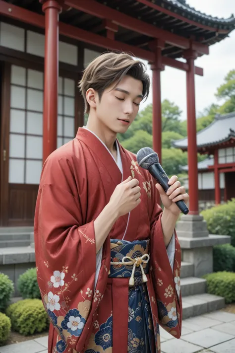 A young man wearing a traditional Japanese kimono is standing in the center of a large, ornate temple. He is holding a microphone and passionately singing, with his eyes closed and a heartfelt expression. The temple is richly decorated with intricate woodw...