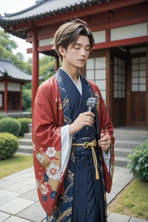 A young man wearing a traditional Japanese kimono is standing in the center of a large, ornate temple. He is holding a microphone and passionately singing, with his eyes closed and a heartfelt expression. The temple is richly decorated with intricate woodw...