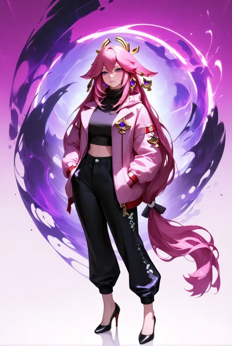 yae miko,genshin impact,alternate costume,full body,abstract,fusion of Fluid abstract art and glitch,glitch hair,iridescent hair,eye trail,glowing eyes,glowing streaks,light trail,high heels,black pants,solo,white jacket,purple theme,animal ears,pink eyes,...