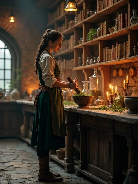 "A full-body view of a young woman standing in a medieval alchemist's laboratory. She is crushing herbs in a mortar and pestle, preparing a mysterious potion. She wears a medieval-style dress with an apron, her sleeves rolled up, and her hair tied back. Th...