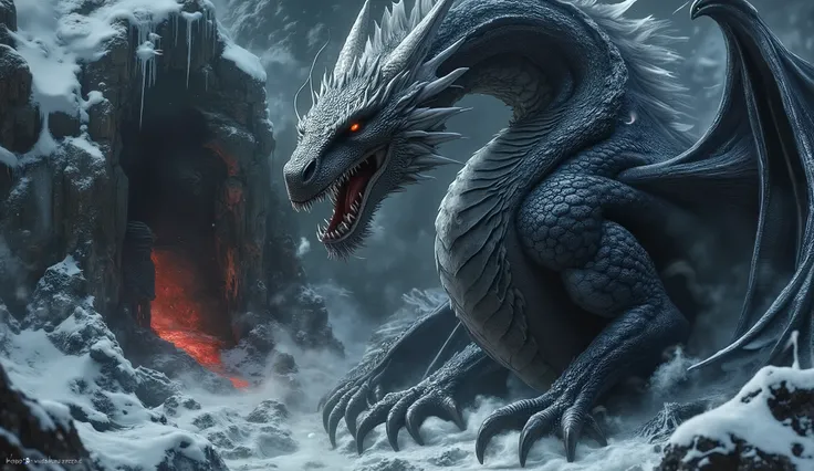 Huge black dragon, in a dark snowy gorge, sits in his huge cave, lava gets angry