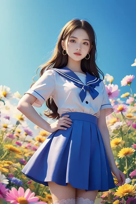  Japanese woman like an idol  , long hair , straight hair, Round face , bust up ,  sailor suit ,  as pictured  ,  movie 사진 솔로, 1 female,,BJ_Alice, lace ornament_ skirt , two-tone _ legwear, Short sleeve dress,  medium chest, beauty stands on flowers , faci...