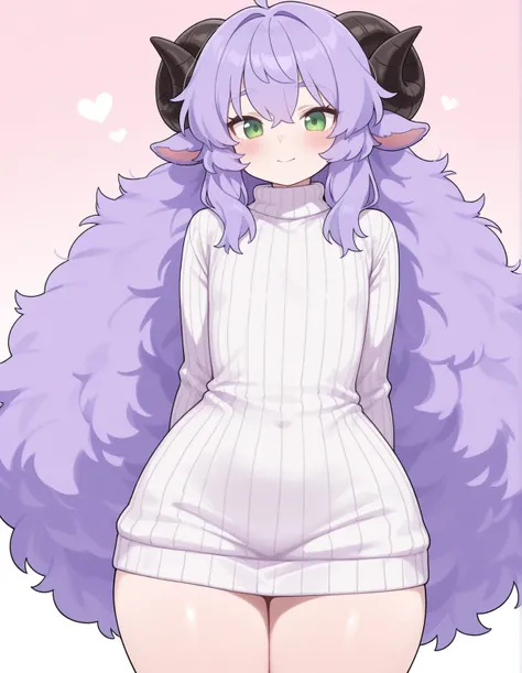 One, _ style, 1 ,  fluffy femboy,  fluffy, 1 ,,   very detailed illustration, (Anthropomorphic  fluffy  баран-парень:1,7) ,   lamb horns ,  voluminous disheveled hair  , purple hair,  green eyes,  long hair,  beckon a playful look , thin, ideal body,  thin...