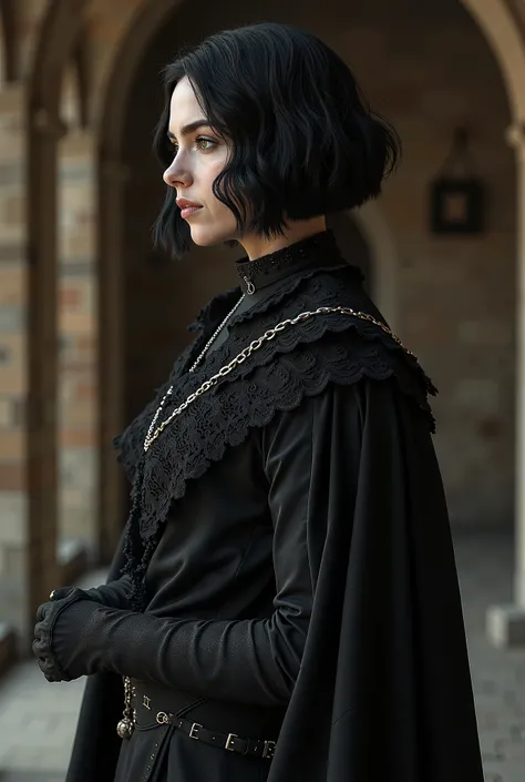   A Targaryen woman  ,  stunning artwork  , of a khls   ,    with period clothing and a Gothic photographic portrait   ,,   silver lace   ,   black gloves .   with wavy black hair   ,   Short haircut ,  Bob style cut , hair divided into two,   vintage clot...