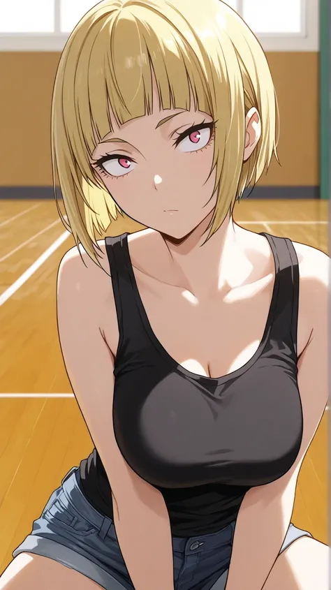 saeko
High quality ,  best quality , masterpiece,  High Resolution , detailed face( LoRA: saeko),anatomically correct, detailed hair(LoRA: saeko)
solo, 1 girl,
Blonde, short hair, bob cut, light red eyes, sanpaku ,large breasts 
black tank top, denim short...