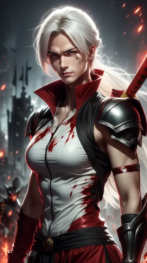 White-haired woman, terrifying appearance, with a katana and a shield, red eyes, on a battlefield covered in blood, wearing Spartan clothes, with a scar on her left eye