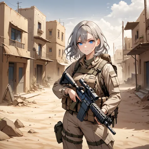 Adult_Female_Soldier, Medium length wavey Grey hair , Blue eyes, Dirty, Desert Military outfit, Backpack, Holding an M4 Assualt Rifle, Desert Town, War