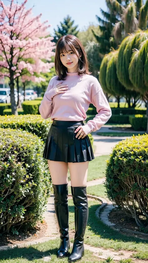 (8k、 RAW photo、 best quality、Masterpiece:1.2)、( is present、 is present)、1 person、(( breast bulge、smile、 Long Sleeve、Pink knit、 black miniskirt、bangs、Thin legs、whole body、 medium hair、 front view、 standing with hands on hips、garden、 boots、))、 cute