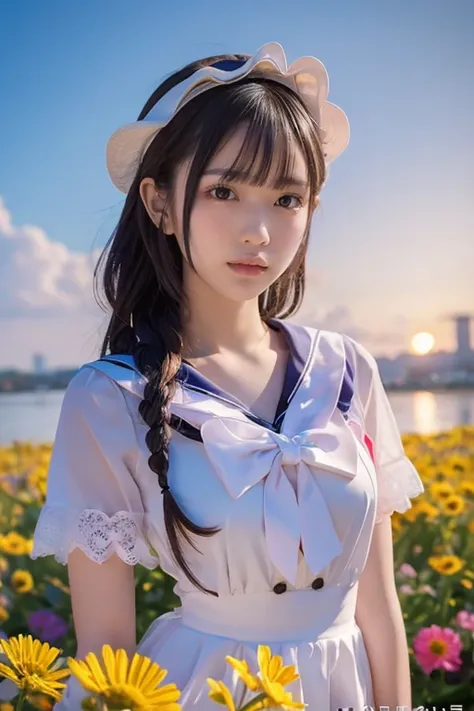  Japanese woman like an idol  , long hair , straight hair, Round face , bust up ,  sailor suit ,  as pictured  ,  movie 사진 솔로, 1 female,,BJ_Alice, lace ornament_ skirt , two-tone _ legwear, Short sleeve dress,  medium chest, beauty stands on flowers , faci...