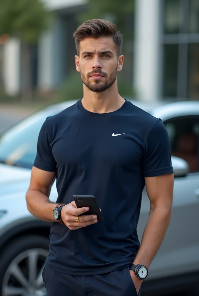 Make a young businessman dressed in a Nike shirt with iPhone next to his car in life style 