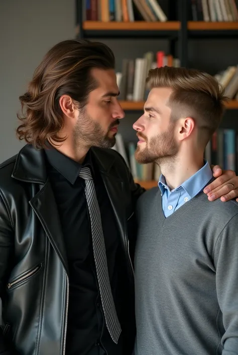  Handsome white man of about 30    ,   tall and muscular with long brown hair wearing a black leather jacket with a black shirt and gray tie (and with sunglasses)   ,    who lures for a kiss a white man in his 20s with short blond hair with a short beard ,...