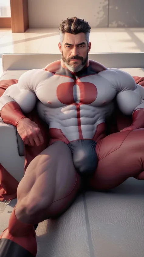 A handsome middle-aged man , 50 years old, Muscular, Modern Superhero,  dark gray hair on the sides ,  gray beard, vestindo um supersuit de spandex(omniman), large and puffy crotch , Serious, intimidating, personal, storm, realistic.  8k uhd,  full body vi...