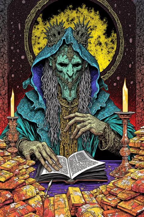  The Man in the Mask Seams His Mouth Sewn with Golden Thread, The Man in the Stone Mask reads a thick book ,Round Table Table,Piles of books piled up ,RPG Art, Highly Detailed Characters , dark fantasy style  ,  RPG character concept art  ,  Video Game Art...