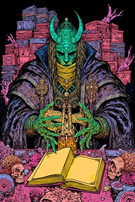  The Man in the Mask Seams His Mouth Sewn with Golden Thread, The Man in the Stone Mask reads a thick book ,Round Table Table,Piles of books piled up ,RPG Art, Highly Detailed Characters , dark fantasy style  ,  RPG character concept art  ,  Video Game Art...