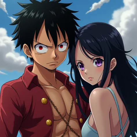 Monkey D. Luffy character 
With an anime girl 
Black hair 
Eyes first red and second violet, sharp, sharp, sharp 
Their age: 40 general 