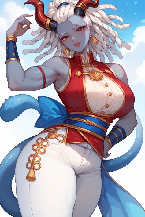 1 mature Woman,Dark blue skin ,white dreadlock ,horns,red eyes, red vest with golden details,blue giant tail,, whites pants,blue sash,anime style,