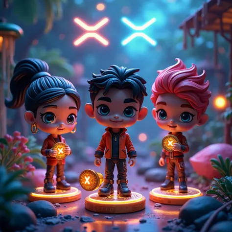 Design a series of collectible cartoon figurines with a futuristic and stylized aesthetic living in the XRP Jungle. The figurines should represent various categories, including historical icons, cartoon characters, financial tycoons, cultural icons, curren...