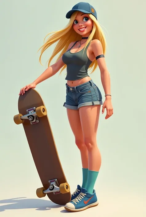 Create a realistic female skateboarder . She is blonde. She's wearing a cap,  have long straight hair , Wear a top and short shorts. He wears medium blue socks and a blue sneaker.  has big breasts and big ass . He is smiling. Are you holding the skateboard...