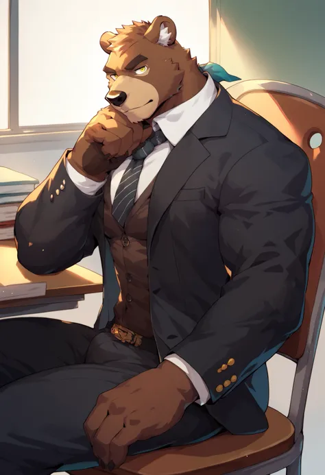 view from sidemature,bara,head on hand,sitting,chair,desk,solo,scarf,brown fur,yellow EYES,bear,FURRY,ANTHRO,anthro bear,business suit,tie