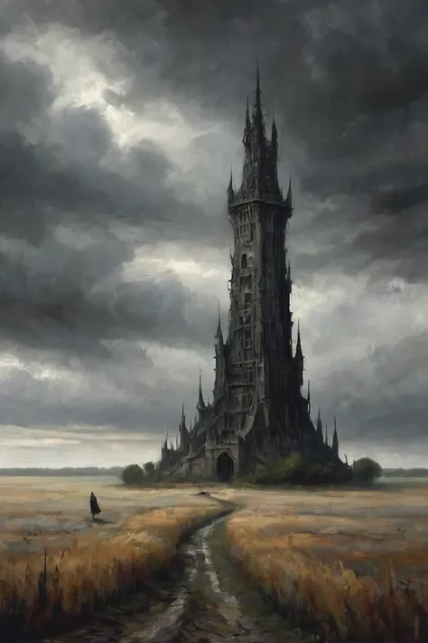 nightmare, a huge dark tower towers in the distance, endless field, gray sky, cloudy