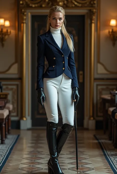 (highest resolution, full body), best quality, a woman, solo, masterpiece, highly detailed, beautiful 25 year old Swedish woman with gorgeous blonde hair in strict ponytail hairstyle, tall, strong, (tight white pants and elegant fitted navy-blue jacket), e...