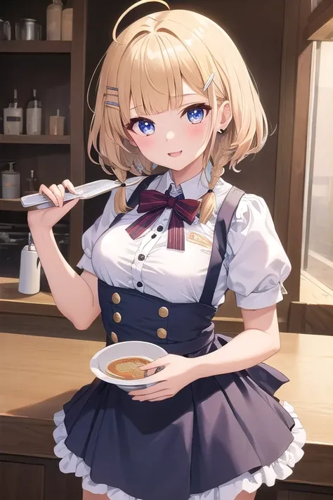 ((top quality)), ((masterpiece)), (Details),  1 Girl。blunt bangs。Short Hair。 braids。ahoge。Cute hair clip。happy。 you look very young。 small breasts。 waitress