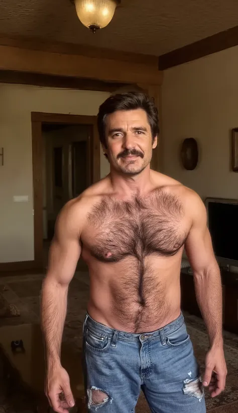 A Professional shot, ultra-high definition, masterpiece, 8k of Rock Hudson with short dark hair standing shirtless only wearing blue jeans with very big bulge in the living room exposing his very slim body, extremely dense dark body hair from his chest, hi...