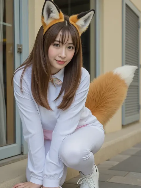 ((  top quality , 8k)), (( Juliet's sleeve 1 dumb haired girl)), ((  Photorealistic)), (Masterpiece),  perfect face , ((Woman with fox ears )), ((That woman has a tail )), foxgirl, (Her tail is big  ), ( That beautiful woman is smiling), She's a college st...