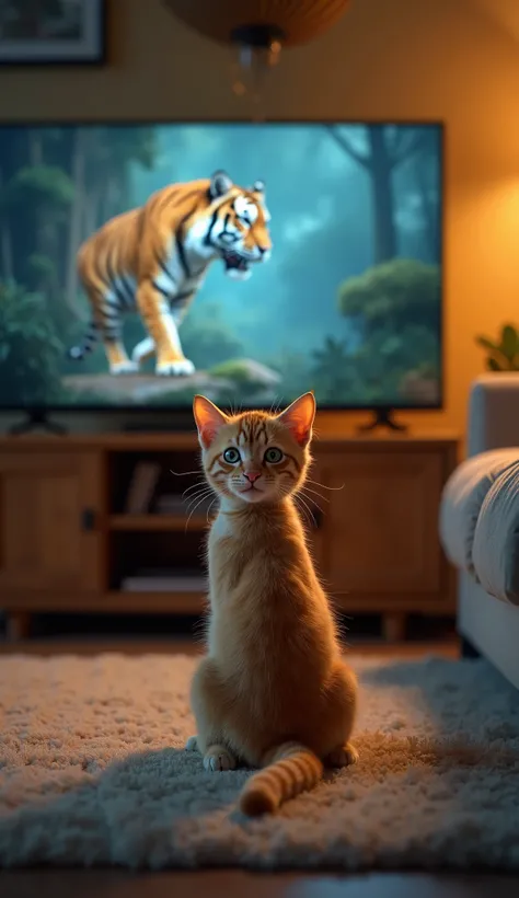 A small, mischievous orange tabby cat with green eyes, white paws, and a curious expression sitting on a couch, intantly watching a tiger documantry on tv.