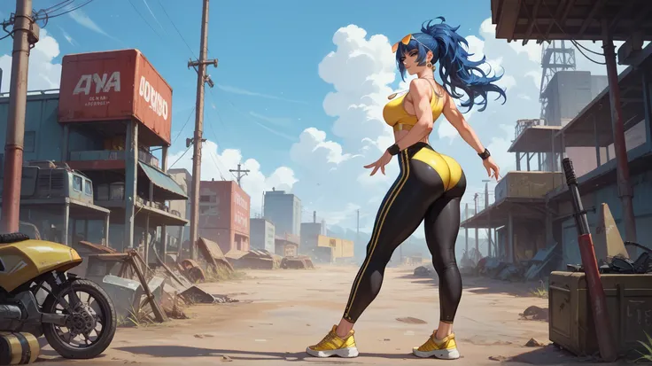 Sexy leona heidern,  long hair,  dark blue hair ,  triangle earrings,  wearing a yellow sports top, very tight black leggings , yellow sports shoes, condog tags,  on a wasteland,  at night,,  sunglasses, standing,  big ass ,