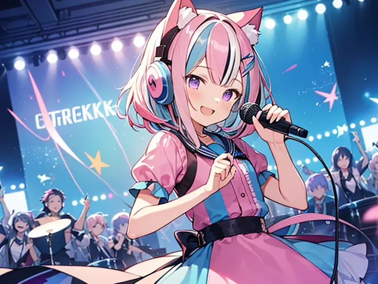  (((( pink and light blue))) (( streak hair)), Highlight Hair ,) ( one girl outside running),, ((( purple eyes))), cat ears,I'm wearing clothes with a musical note pattern and headphones ,  microphone in one hand 、I have a penlight in my other hand ,  with...