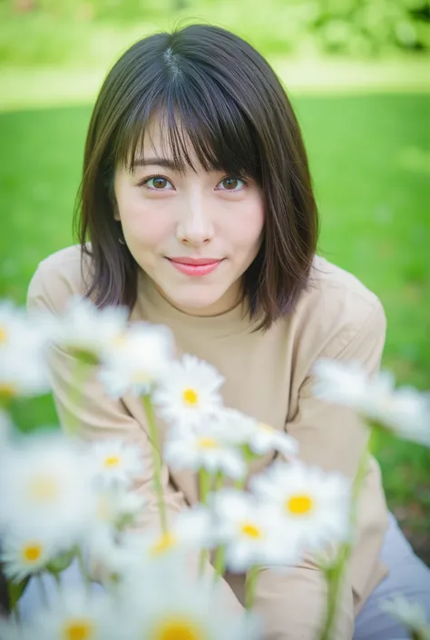 The image is a portrait of a young woman named hamabe with semi-long dark brown hair and bangs. She was wearing a nude. The woman looking directly at the camera, Sitting on a bench in the park. In front of her, there is a bunch of white daisies. The backgr...