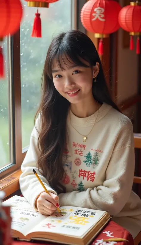 A Japanese girl wearing a white sweater with various illustrations and texts about Chinese New Year on it sits indoors by the window with rain falling outside. She is writing or drawing in a large open book filled with colorful pictures and texts. The girl...