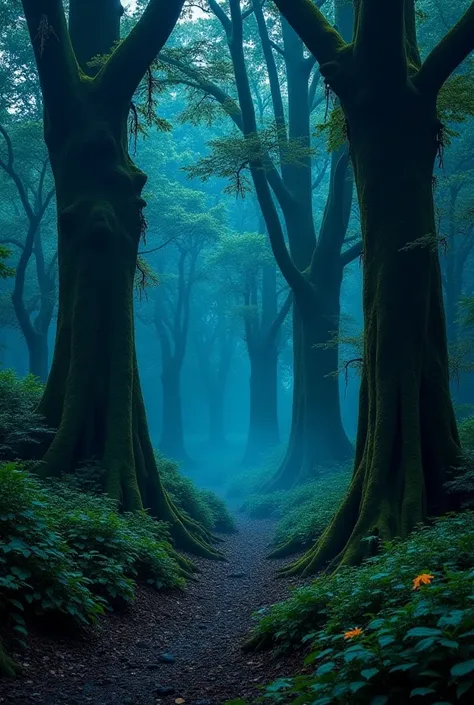 A dense and magical forest at night, filled with towering ancient trees draped in moss and vines. The forest floor is soft with fallen leaves and illuminated by faint blue and green bioluminescent plants. Mist swirls gently around the base of the trees, cr...