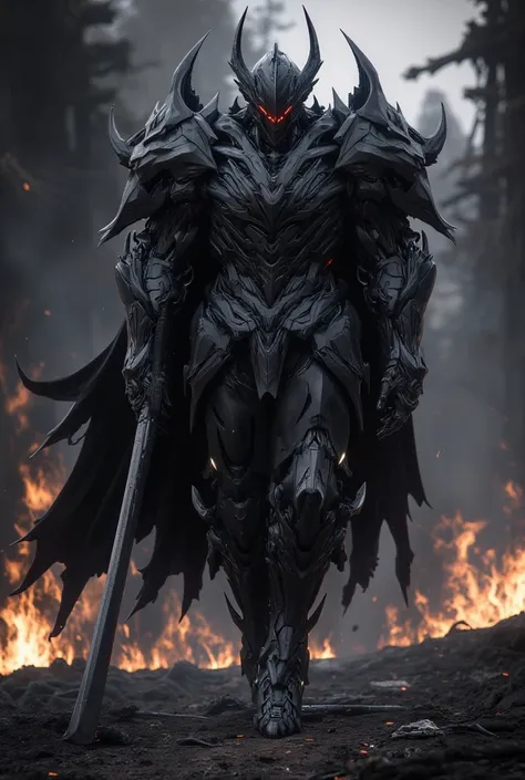 Black Armor, Greatsword, tall, Big body, Burning Forest, Black helmet , Red eyesight .