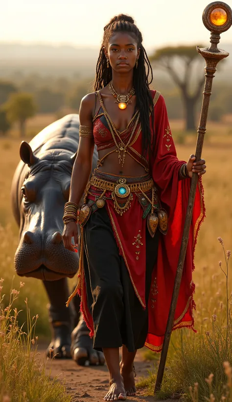 A stunningly beautiful young woman from native Angola, portrayed as a mage warrior from the 3rd century, sexy, big boobs, strides confidently through a sunlit savanna. Her expression is resolute, radiating wisdom and strength as she walks with determinatio...