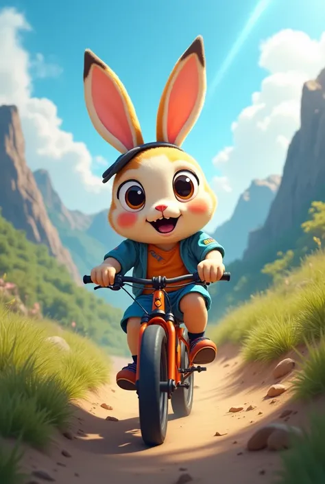 Labubu, a cute and whimsical bunny-like character with large, expressive eyes and a playful smile, riding a mountain bike through a scenic outdoor trail. The background features rugged mountains, lush greenery, and a bright sunny sky with fluffy clouds. La...