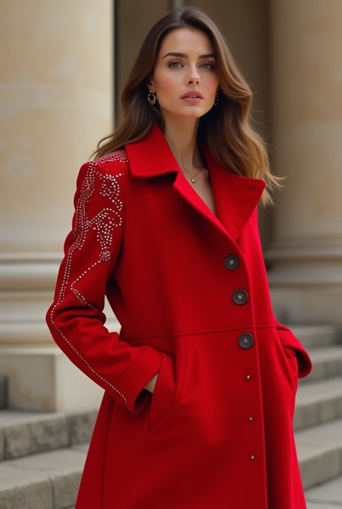 European woman model wearing in a beautiful fashionable red coat with vibrant  rhinestones on the sleevs. V&K lettering