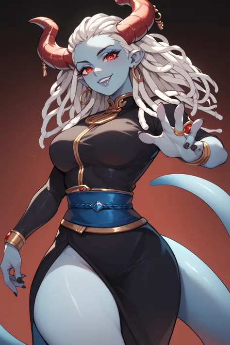 1  Woman, blue skin ,white dreadlock ,horns,red eyes, Black  dress with golden details,blue giant tail,blue sash,anime style,