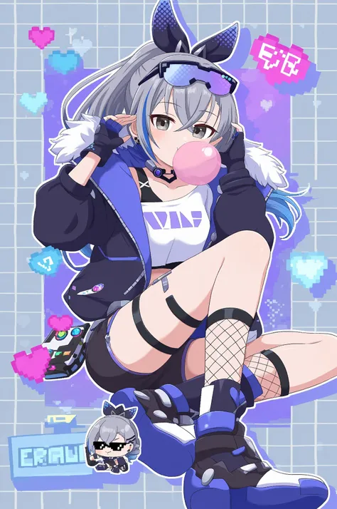 and_0x0194 _type 3 ,
 silver wolf  \(Collapse: Star Rail\),  1 girl in the best,  black footwear , black  jacket , black  shorts, Blowing bubbles, blue-colored glasses , blue  gloves,   blue hair , blue overview, Chewing gum,  Side Bangs ,  earrings,  erro...