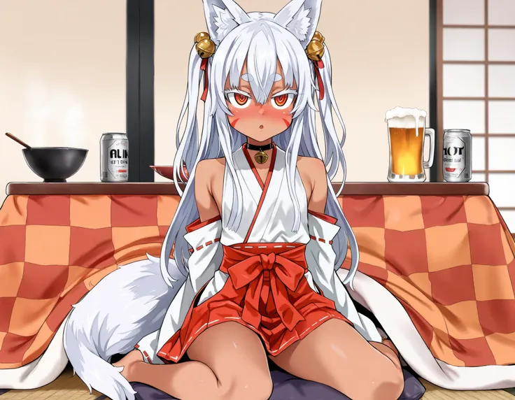 (best quality, highest quality:1.2), masterpiece, Ultra-high resolution, rich contrasts, HD, 8k, fine skin, no makeup, ideal ratio body proportions,
1girl, solo, anime girls, asanagi style, mesugaki, dark skin, tan, ((white fox ear)),
very long two side up...