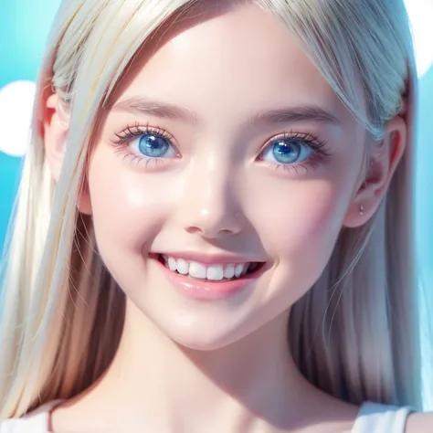  sparkling blonde dancing in front of a cute face 、 silky bangs covering eyes 、 very vividly bright vibrant pastel mint ice blue big eyes 、very vividly white and bright iris 、 very innocent first 々cute young face 、Very big eyes、 her face is hidden by long ...