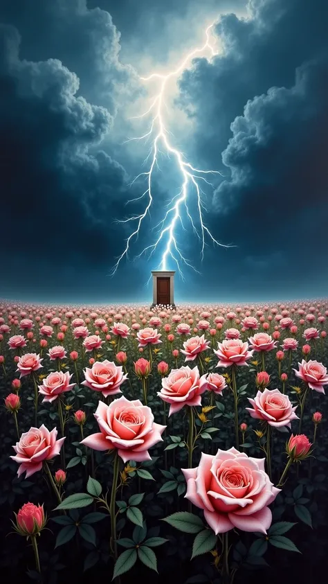 a field of bleeding white roses, Sad and stormy sky,  thunder and lightning ,pirate,strong winds,In the background there is a door,vibrant color grading, dramatic lights, high quality, masterpiece,vivid colors, realistic oil painting  