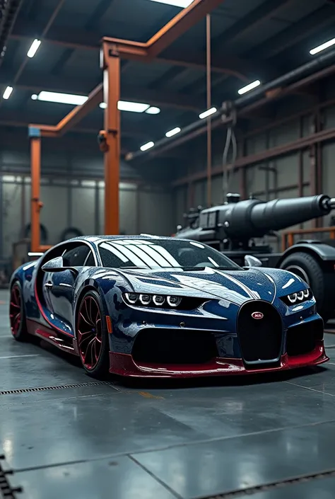  realistic photo , bugatti chiron, camouflaged paint in dark blue colors,  white and red, Military hangar with huge wheels ,  lowered , black headlights , machine guns attached to the ceiling,  side perspective