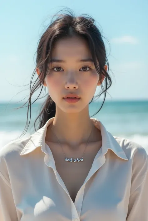  realistic photo 4 D  , korean girls 20 years old ,  Wearing a shirt , has a hot body  , Tying hair  ,  background on beach  ,  wears necklace with name " AND U R A "