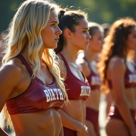 Several glistening, sweaty, muscular, blonde and copper-haired cheerleaders, with well defined six-pack abs wearing cheerleading bras and mini-skirts. Practicing outdoors in the sun. Their bodies and hair are soaked in sweat. Their skin is covered in persp...