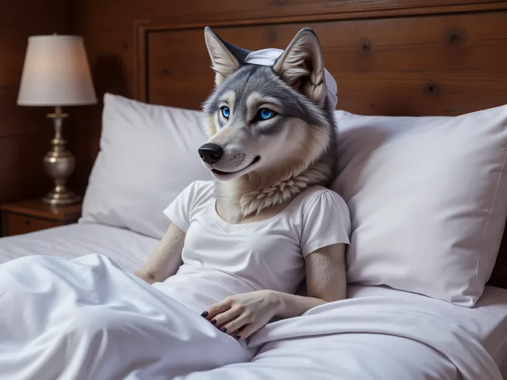 (masterpiece), best quality, the grey wolf pretending to be grandma, wearing grandmas white nightgown and white nightcap, sitting in grandmas old large bed (in the right side), the bed is done with big white pillows and a large white quilt,  in the old woo...