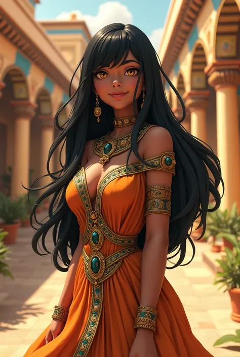 (SLE, estilo mksks,  detailed background:1.1), ( alone:1.3), maduro, Anime woman,  dark skin,  ornate Egyptian dress,  long hair ,  black hair, beautiful hair ,  hair over the eye ,  yellow eyes,  voluptuous body, happy, wore,  head tilt, close up,  volume...