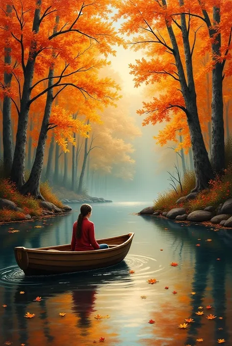 painting of a boat on a river in a wooded area, a woman sitting on the boat, serene scene, scenery art detailed, in the autumn, nature painting, peaceful scene, a beautiful painting, autumn tranquility, beautiful detailed scene, detailed 4 k oil painting, ...