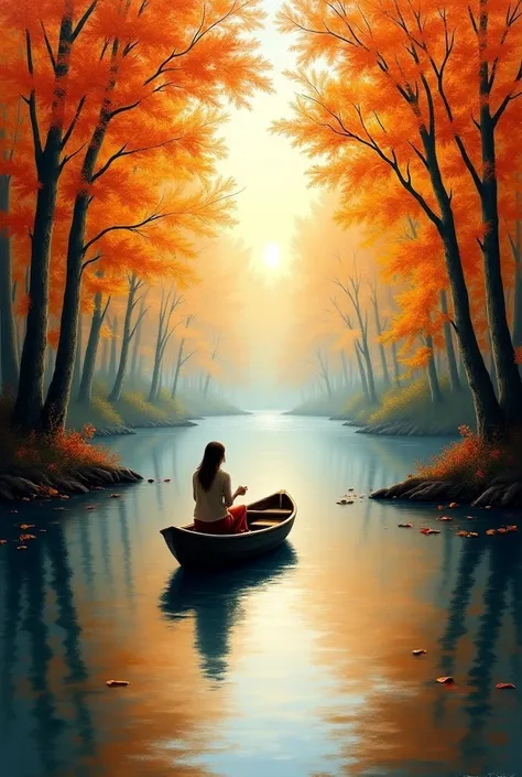 painting of a boat on a river in a wooded area, a woman sitting on the boat, serene scene, scenery art detailed, in the autumn, nature painting, peaceful scene, a beautiful painting, autumn tranquility, beautiful detailed scene, detailed 4 k oil painting, ...